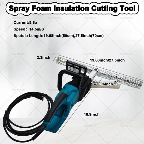 Foam Insulation Cutting Tool For Efficient Removal And Smooth Finishing In Construction Projects With A Beefed Up Extra Long Cutter Head For Fast Flat Edges And Quick Trim From A Durable Power Head, showing tool dimensions.