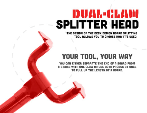 Heavy Duty 44 Inch Steel Deck Pry Bar With Dual Claw Heads No Kneeling Back Saving Handle in red, close-up of splitter head.