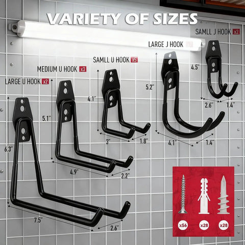 Variety of Twenty Pack Heavy Duty Garage Storage Hooks With Extension Cord Organizer, displayed with screws and wall anchors