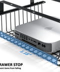 Slide Out Under Desk Storage Drawer Metal Cable Management Tray With Self Adhesive Mount No Drill Needed Under Table Organizer with blue drawer stop and computer device inside