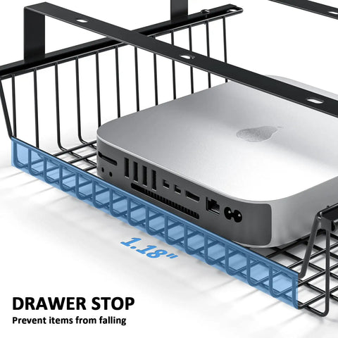 Slide Out Under Desk Storage Drawer Metal Cable Management Tray With Self Adhesive Mount No Drill Needed Under Table Organizer with blue drawer stop and computer device inside