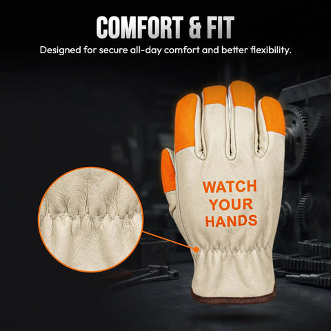 Hi Vis Leather Work Gloves With Orange Tips For Extra Large Hands, Watch Your Hands, Split Cowhide Leather With Keystone Thumb