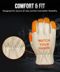 Heavy Duty Leather Driver Work Gloves Flame Resistant Unlined Gunn Cut Cowhide with orange tips, size large, designed for all-day comfort.