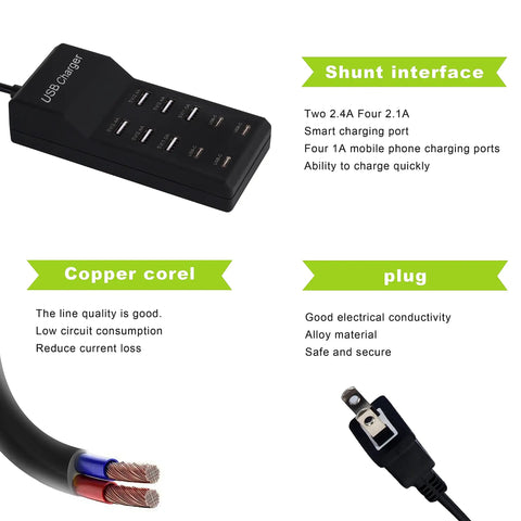 50W 10 Port USB Charging Station With 6 USB A Ports And 4 USB C Ports All In One Fast Charger features and components overview.