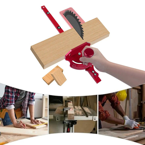 Rigid Aluminum Miter Gauge For Table Saws With Telescoping Fence Tweak Free Adjustment and Ergonomic Grip angled on wood piece