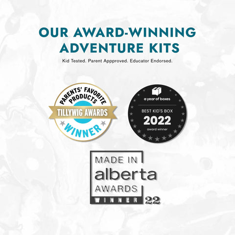 Awards for adventure kits including Tillywig Awards and Made in Alberta Awards, showcasing product's accolade recognition.