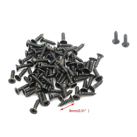 Pile of small black screws with 8mm size, suitable for 20 Pack Small Wooden Box Hinges With Screws, 90 Degree Folding Bronze Hinges.