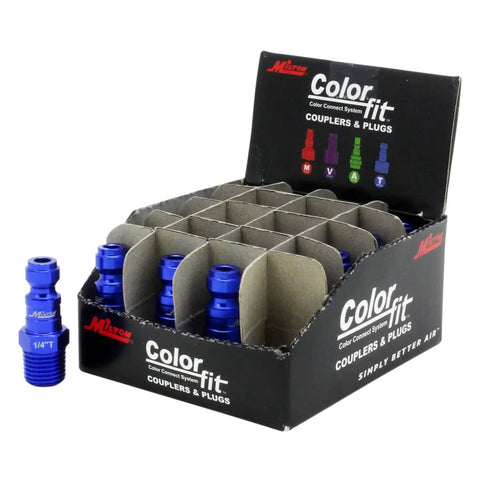 Box of Blue T Style Pneumatic Plugs Quarter Inch NPT Male, A Style Compatible Color Coded Quick Connects For Air Lines, Push To Connect