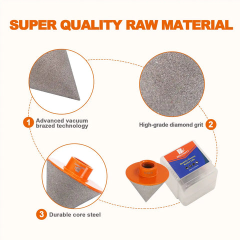 Beveling Chamfer Bit for Enlarging and Polishing Existing Holes with high-grade diamond grit and durable core steel.