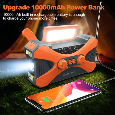 Legit Badass Emergency Radio With 10000mAh Power Bank Solar Hand Crank Am Fm Noaa Receiver LED Flashlight charging phone.