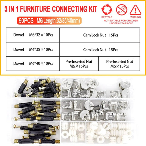 M6 Furniture Cam Lock Hardware Set 90 Pieces With 32 35 And 40mm Eccentric Wheel Nuts, assorted cam nuts and dowels.