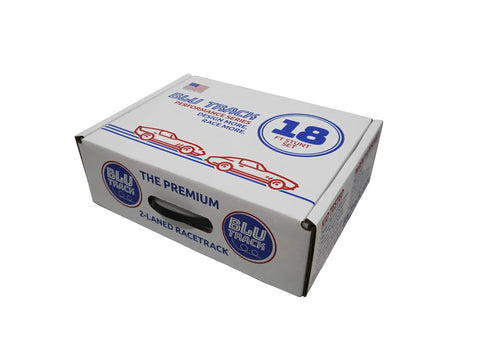 Packaging of Two Lane 18-Foot Race Track Stunt Set with Ramps Hanger Pads Track Anchors Performance Insert Kit Anchor Bars