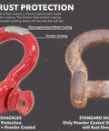 Double rust protection anchor shackle comparison with red shackle electro-galvanized and coated vs rusted standard shackle.