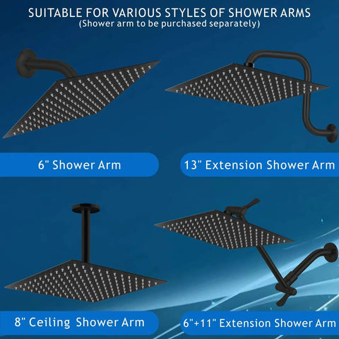Epic High Pressure Rain Shower Head 10 Inch Black Made From 304 Stainless Steel With Air In Technology on various shower arms