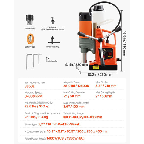 Heavy Hitter 1400W Magnetic Drill Press with 2810 lb base, 2 inch coring, safety rope, and accessories display.