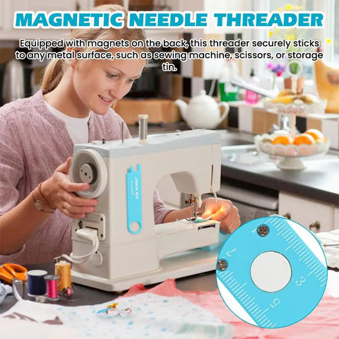 Using 3 In 1 Needle Threader With Magnifier For Sewing, Quick Threading Tool With Magnetic Mount And Integrated Ruler shown in use