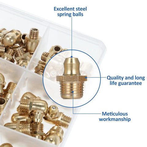 Copper Zerk Grease Nipple Fittings Kit With Metric M6 M8 M10 Threads straight angle focus with stainless steel ball