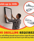 100 Piece Zinc Self Drilling Drywall Anchors And Screws Kit With 50 Heavy Duty Hollow Metal Anchors And 50 Size 8 And One Quarter Inch Screws For Secure Sheetrock Mounts And Durable Quick Installations, showing hanging artwork.