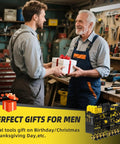 Two men in a workshop exchanging a gift with a Heavy Duty Wall Mounted Tool Organizer With Eight Cordless Drill Holders displayed.