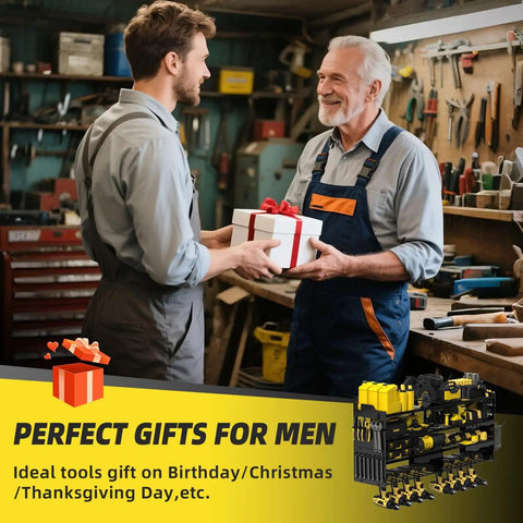 Two men in a workshop exchanging a gift with a Heavy Duty Wall Mounted Tool Organizer With Eight Cordless Drill Holders displayed.