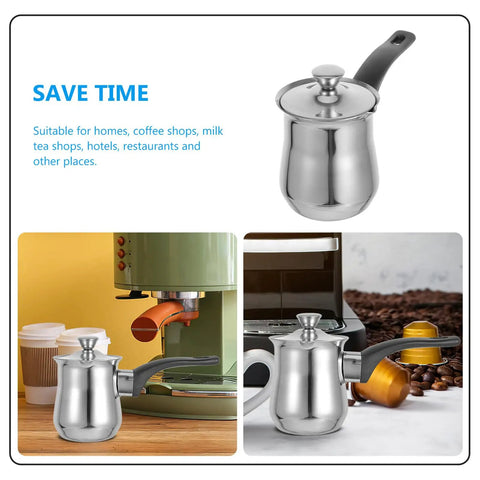Collage of 6 Ounce Turkish Coffee Pot With Lid Stainless Steel Saucepan Coffee Maker Mini Butter Melter For Stove Top shown in use.