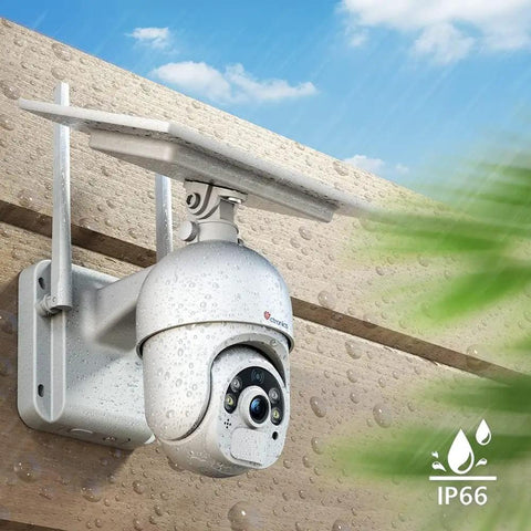 6W Solar Powered Outdoor Security Cam With 2K 3MP Battery on wall, weatherproof, IP66, raindrops visible