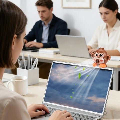 Rechargeable Usb Desktop Cooling Fan For Mugs And Bottles With Adjustable Speed Settings To Keep Coffee Tea Milk Water Frosty And Beat The Heat All Day Long on a laptop at an office desk.