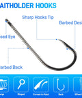 150 PCS J Hooks With Baitholder Long Shank Bait Holder Hook 2 Shank Offset High Carbon Steel diagram