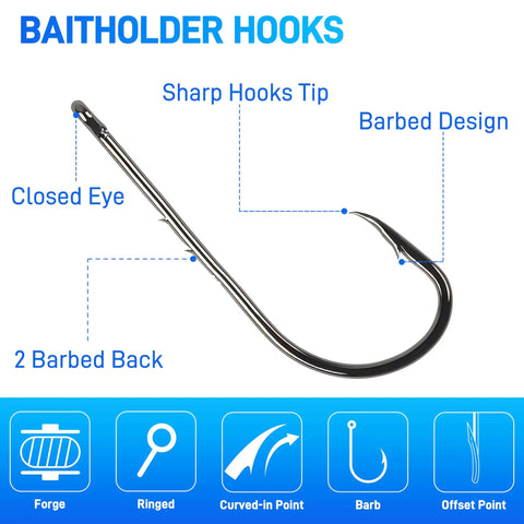 150 PCS J Hooks With Baitholder Long Shank Bait Holder Hook 2 Shank Offset High Carbon Steel diagram