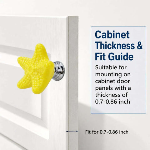 Super Legit And Totally Dope Four Piece Set Of Yellow Starfish Drawer Knobs on cabinet, showing fit guide for door panel thickness.