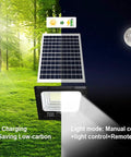 Image of JUDYSSY Solar Led Flood Light Street, IP65, showing solar panel charging and light modes for outdoor use.