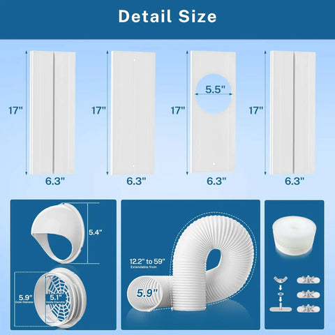 Portable AC Window Vent Kit With Five Point Nine Inch Exhaust Hose Universal Coupler And Adjustable Window Seal Four Piece Set Size Details