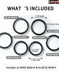Image showing a Two Kit Pack Radiator Hose T Pipe O Ring Set For Ford F150 5.0L Mustang Includes 2x DR3Z-8566-A and 4x BC3Z-8590-F Pre Greased Leak Repair Seals laid out with labels.
