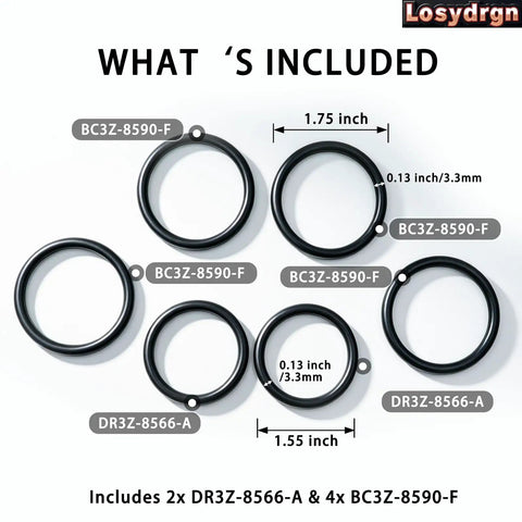Image showing a Two Kit Pack Radiator Hose T Pipe O Ring Set For Ford F150 5.0L Mustang Includes 2x DR3Z-8566-A and 4x BC3Z-8590-F Pre Greased Leak Repair Seals laid out with labels.