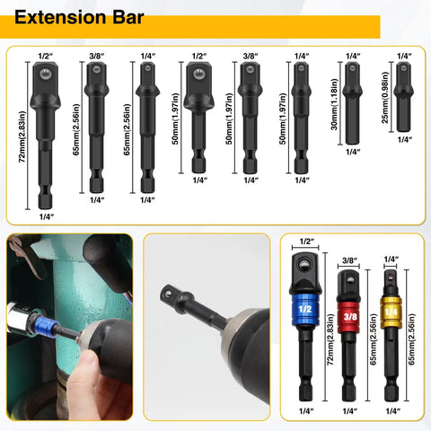 Close-up of 38 Piece Flexible Drill Bit Extension Set With 105 Degree Right Angle Drill Bit Holder Hex Socket Adapters in use