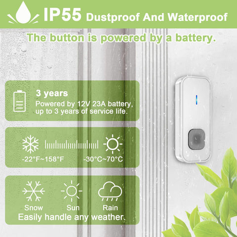 Wireless Waterproof Doorbell Kit with 2 Push Buttons and 2 Plug In Receivers, IP55 rating, battery powered, wall mounted.