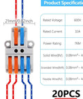 Lever Wire Connectors Pack Of 20, 2 In 4 Out Quick Wire Connectors Push In Conductor Terminal Block For AWG 28-12, dimensions and specs shown