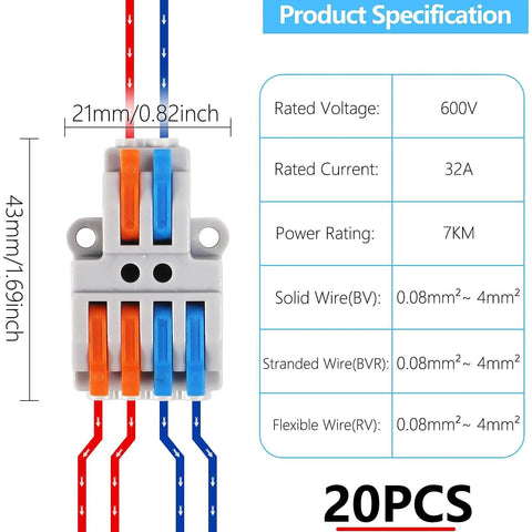 Lever Wire Connectors Pack Of 20, 2 In 4 Out Quick Wire Connectors Push In Conductor Terminal Block For AWG 28-12, dimensions and specs shown
