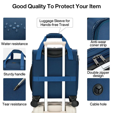 Underseat Carry On Luggage with Wheels Lightweight 30L Softside 16 Inch Spinner Suitcase Airline Approved, blue, back view showing features.