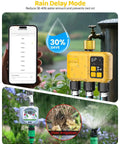 WiFi Water Timer Three Zone Garden Hose Controller with Brass Inlet shown in rain delay mode and app interface.