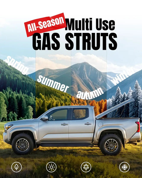 Silver truck with all-season gas struts, showcasing two pack 36 inch gas struts 30 lb lift supports for tonneau covers in nature setting.