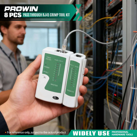 Using All In One Pass Through RJ45 Crimper Kit With Cable Tester And Stripper For Cat5 To Cat6a, RJ11 RJ12 Connectors on network cables