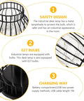 Vintage Black Iron Table Lamp With USB Power Port And E27 Socket, Retro Industrial Desk Light For Home Decor, Smooth Rounded Edges, Dope Nightstand Or Office Vibe For Living Rooms close-up of black iron cage shade and USB charging base