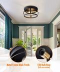 Living room with 2-Light Farmhouse Flush Mount Ceiling Light in black finish, 11.4-inch rustic industrial fixture with metal cage.