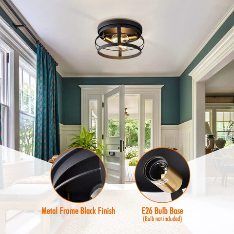 3 Light Industrial Semi Flush Mount Ceiling Light In Black Farmhouse Style for Living Room
