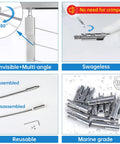 Three Sixteenth Inch Cable Railing Kit Fixed End For Wire Rope In Hollow Metal Posts Swageless Toggle Anchor Set For Stair And Deck Rail T316 Stainless Steel CB30 20 Pack, showing assembly and features like reusable, multi-angle, and marine grade.