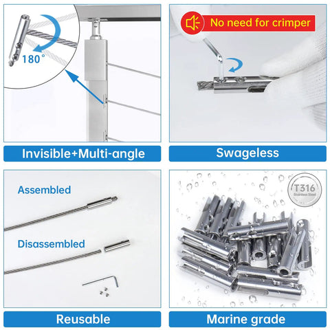 Three Sixteenth Inch Cable Railing Kit Fixed End For Wire Rope In Hollow Metal Posts Swageless Toggle Anchor Set For Stair And Deck Rail T316 Stainless Steel CB30 20 Pack, showing assembly and features like reusable, multi-angle, and marine grade.