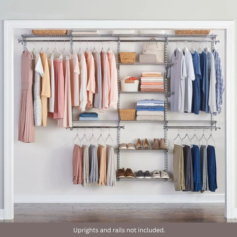 Configurations Closet Shelving And Hanging Kit With 2 26-Inch Shelves In Titanium Expandable To A 48-Inch Shelf And 48-Inch Hang Rod Custom Pantry Organizer And Clothes Rack For Home Laundry Bathroom Mudroom Pantry Linen Closet installed with clothes and shoes.