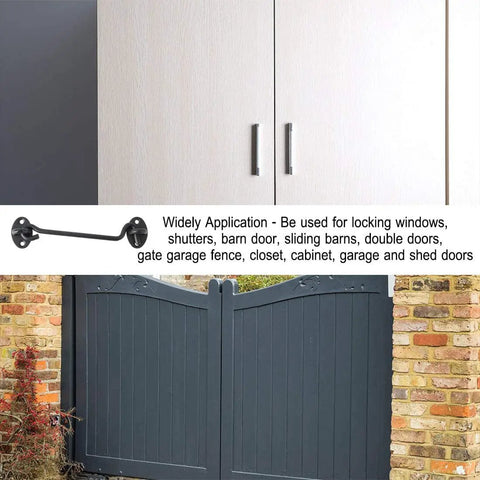 Stainless Steel Gate Hook and Eye Latch for Cabinet Door Window Shed Barn, showing application on barn gates and cabinet doors.