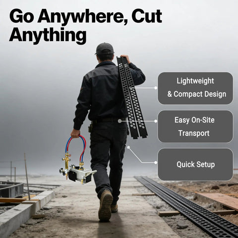 Heavy Duty Portable Torch Track Burner For No Sweat Gas Cutting With Dual Six Foot Guide Rails slicing steel, easy transport, smooth operation.